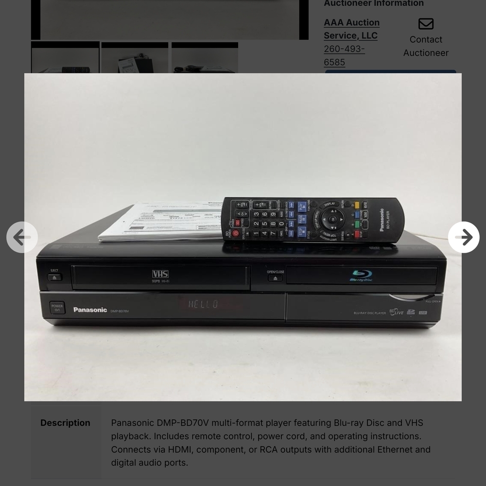 Panasonic DMP-BD70V VHS/Blu-ray Player Combo With Remote Works Great